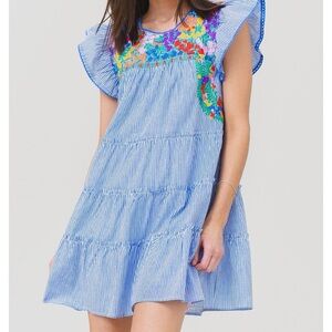J Marie Anna Blue Striped Short Slerve Floral Embroidery Mini Dress